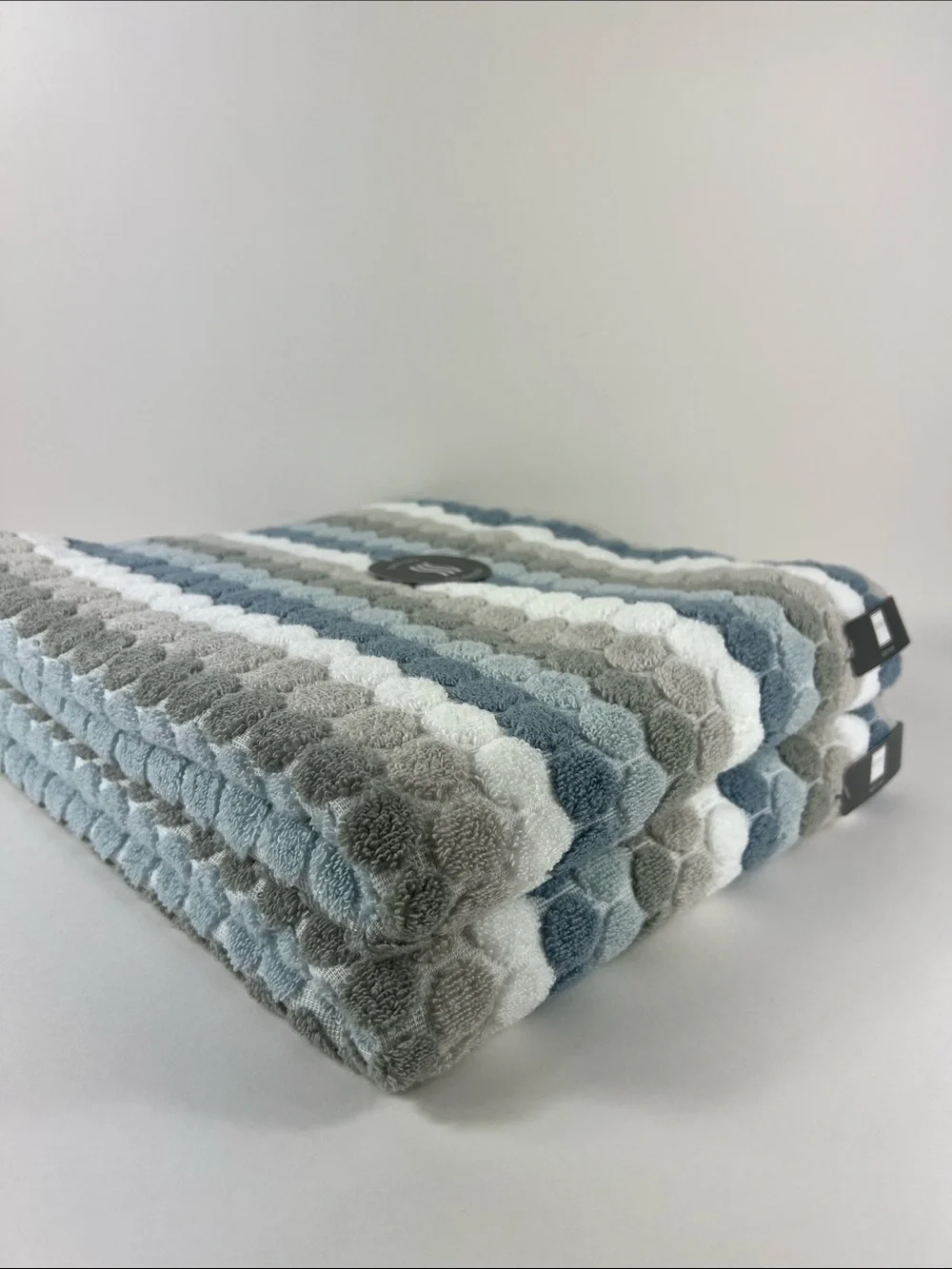 Soho Living Bath Towels in Blue, Gray, White Striped Zero Twist Cotton 2 Pc NEW